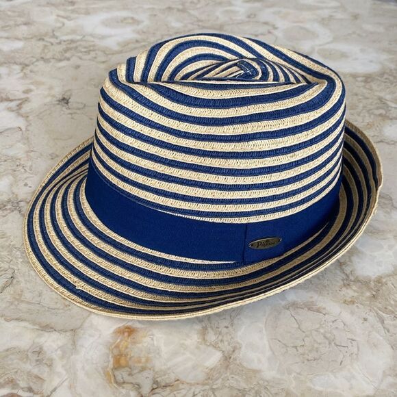 Papillon Panama Style Hat Blue and Straw Colored Stripes 100% Recycled - Picture 6 of 10